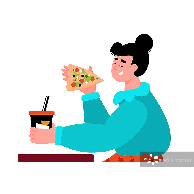卡通女孩拿着一片披萨。有吃有喝的快乐女人图片素材