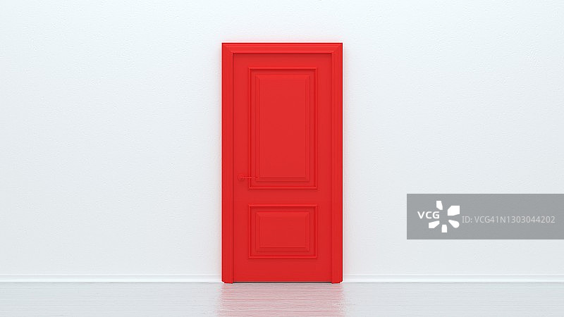 白色背景上的红色紧闭的门。空屋白墙上的框架。室内设计元素。设计模板的图形。3d渲染图片素材