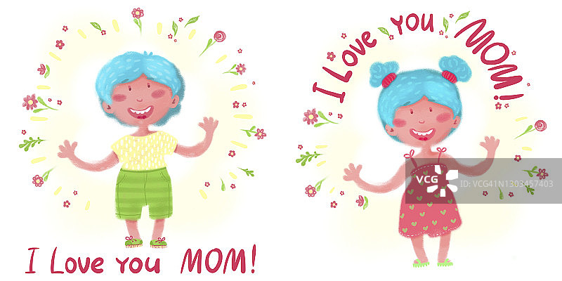 母亲节快乐。手绘儿童插画与祝贺图片素材