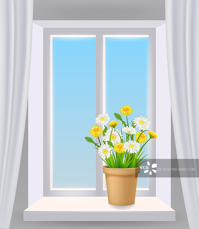 室内的窗景，春天，花盆的花雏菊和蒲公英在窗台上，窗帘。矢量插图现实图片素材
