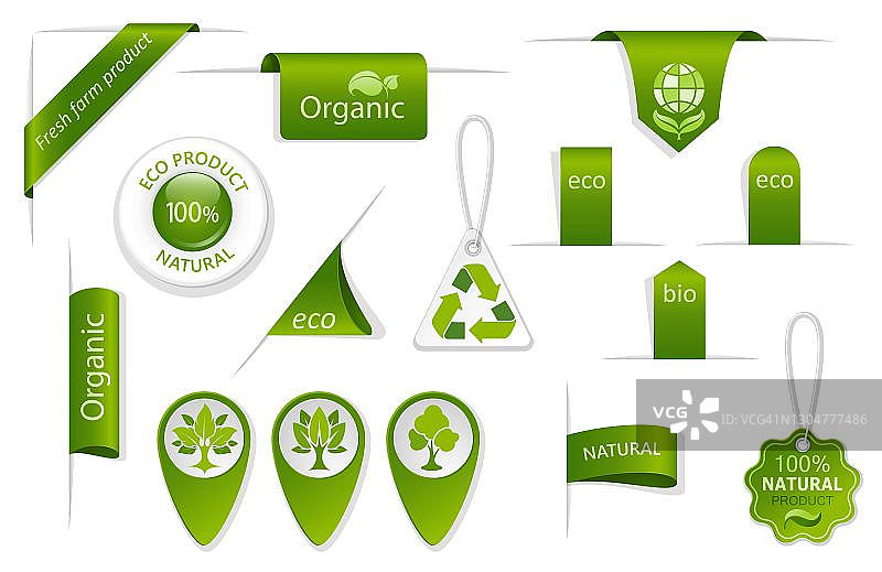 一套绿色标签和标签。生态和生物徽章。向量图片素材