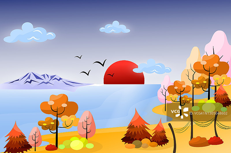 美丽的风景插图展示了五彩缤纷的秋天季节中清新的气氛。图片素材