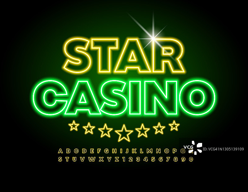 矢量霓虹标志星赌场。发光Led字母和数字集图片素材