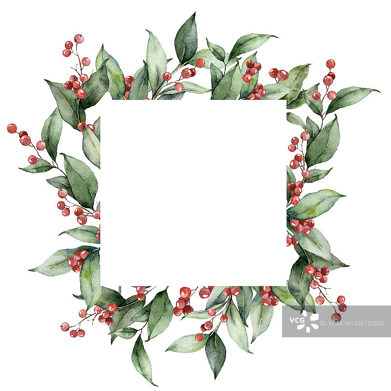 水彩圣诞框架与树枝和红浆果。手绘节日贺卡与植物孤立在白色的背景。花卉插图设计，印刷，织物或背景。图片素材
