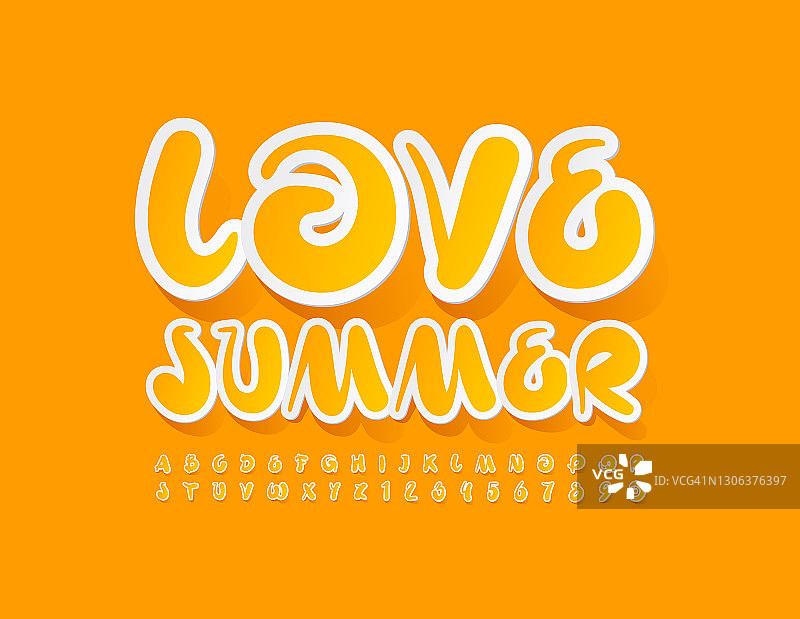 向量快乐卡爱夏天。黄色贴纸字母和数字集图片素材