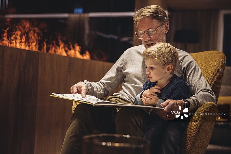 父亲和儿子坐在客厅的椅子上看书图片素材