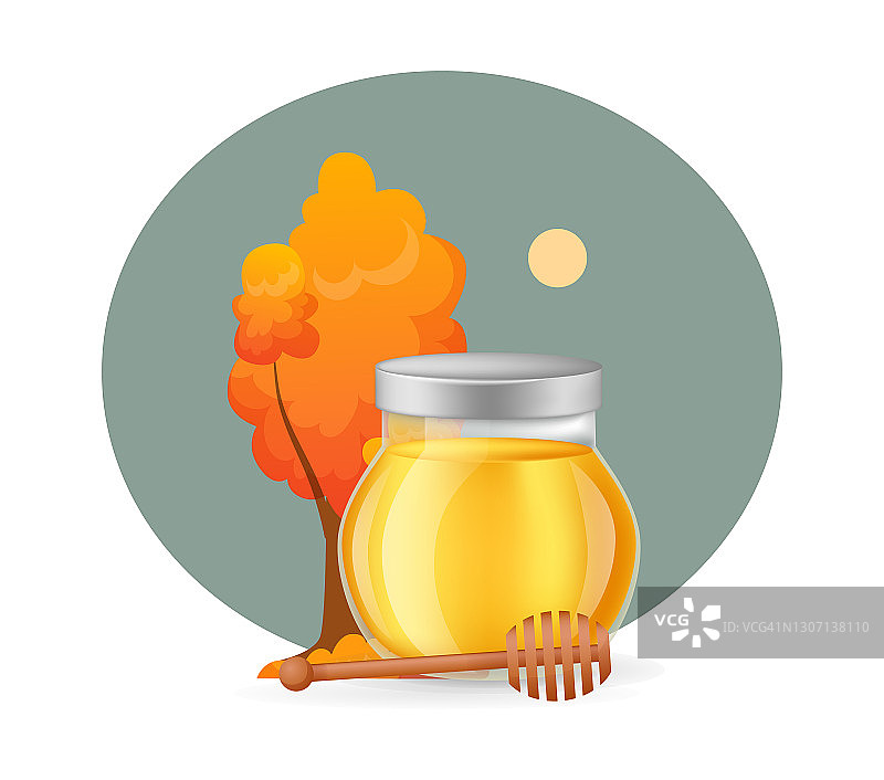 蜂蜜产品。玻璃透明罐子装满蜂蜜和木勺勺勺信息图上的光背景向量图片素材
