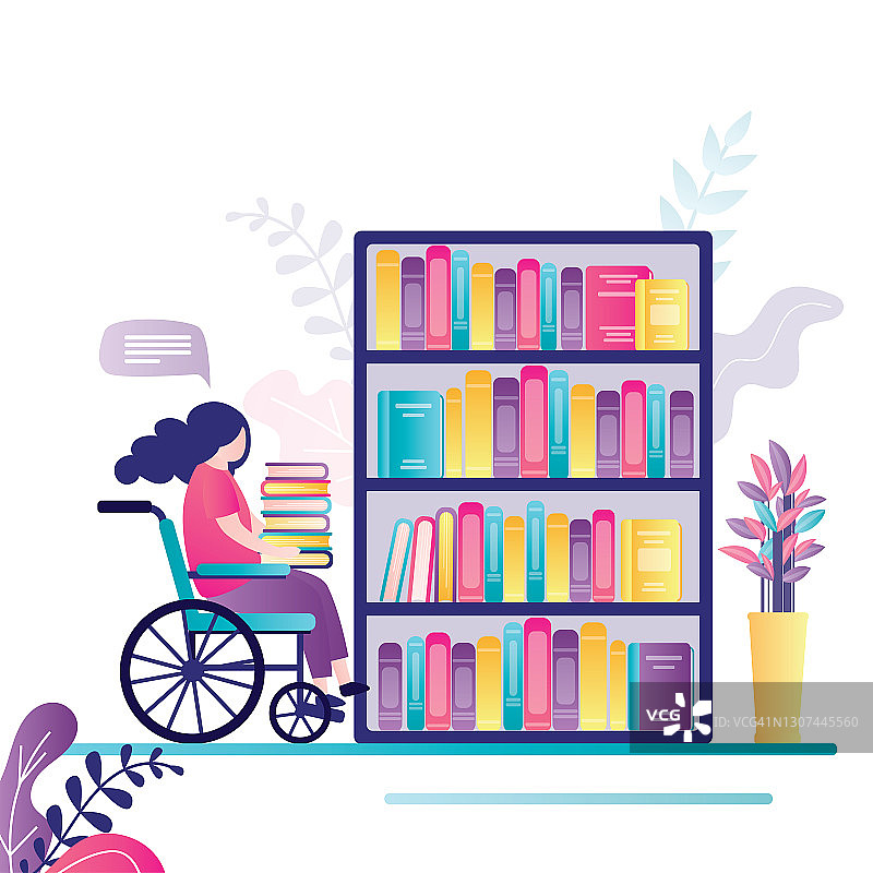 残疾学生拿着一堆不同的书。女主人公坐在靠近书架的轮椅上。残疾妇女选书图片素材