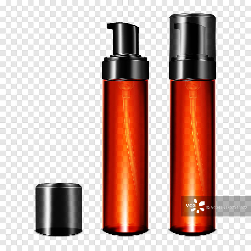 清晰的深色泵分配器瓶与盖上透明的背景，现实的矢量模型。美容化妆品容器包装。模板设计图片素材