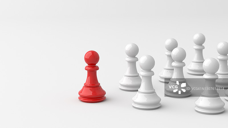 领导理念，红卒的象棋，从白卒中脱颖而出，在白色背景与空白的复制空间上图片素材