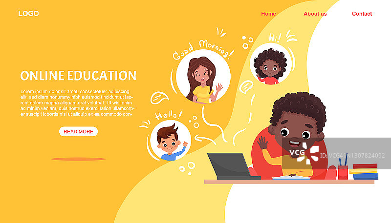 数字教室在线教育网站模板、背景。一个非裔美国黑人小孩坐在桌旁看着老师图片素材