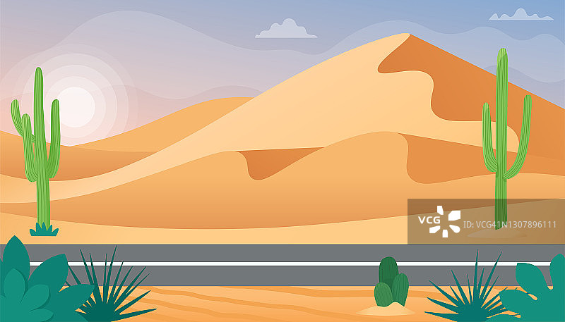 沙漠景观与沙丘和仙人掌。矢量插图在平面风格图片素材
