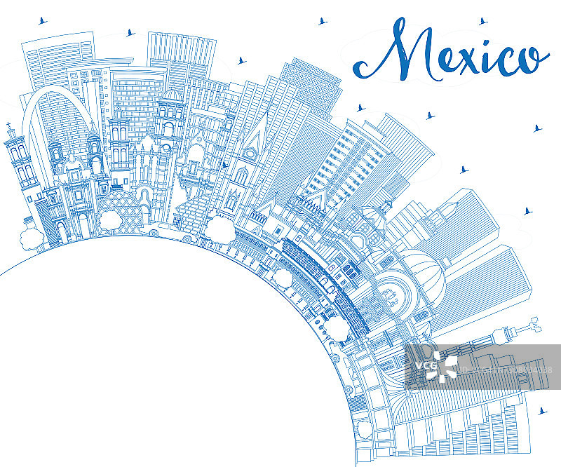 轮廓墨西哥(国家)城市天际线与蓝色建筑和复制空间。图片素材