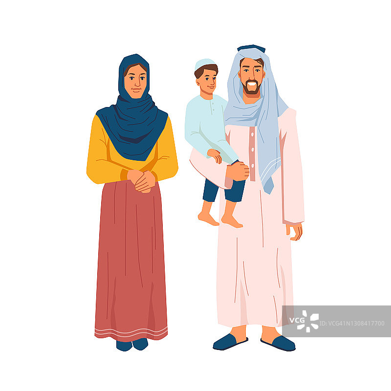 幸福的穆斯林家庭，男人和儿子在胳膊和女人在民族布孤立卡通人。父母都戴着头巾，留着胡子的沙特人，还有中东的父母。亲子关系的概念图片素材