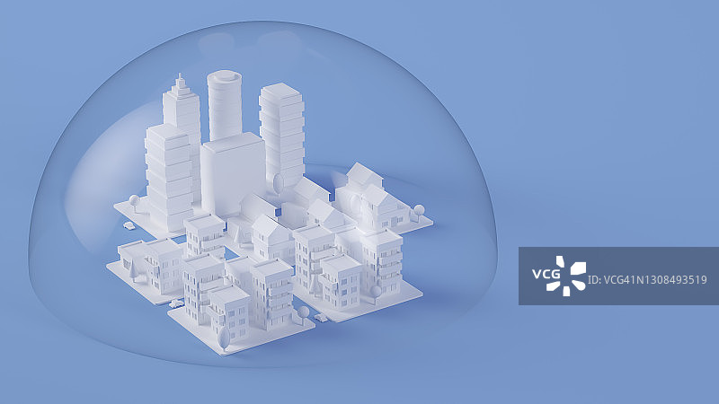 白色三维渲染的玻璃圆顶覆盖城市市中心的立体模型图片素材
