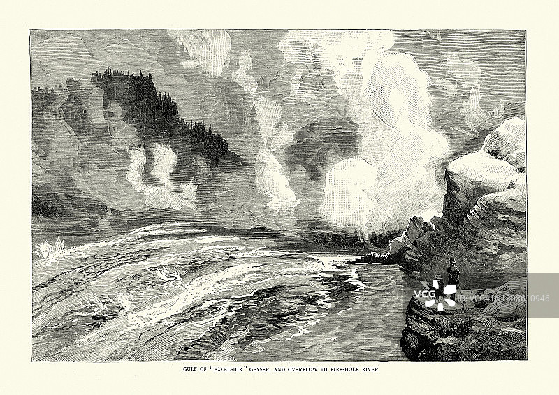 埃克塞西尔湾间歇泉和溢流到火洞河，黄石，维多利亚19世纪图片素材