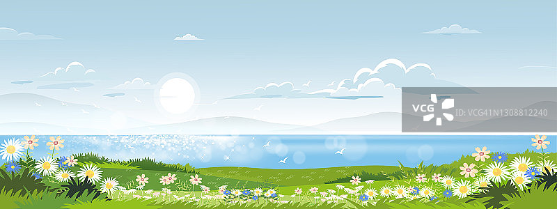 春景随山随湖随。蔚蓝的天空和白云，在阳光明媚的夏天全景绿色的田野，在春天宁静的自然与草地和野花在农村图片素材