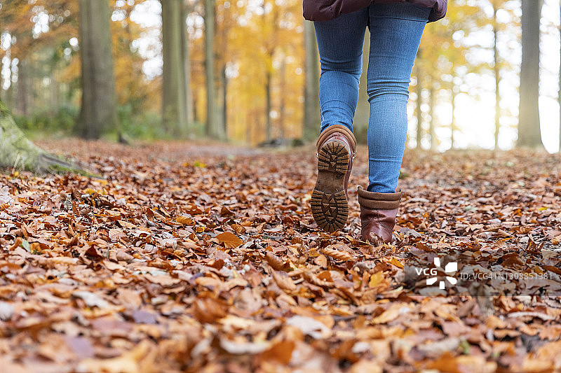 穿着靴子的女人走在森林里的秋叶上图片素材