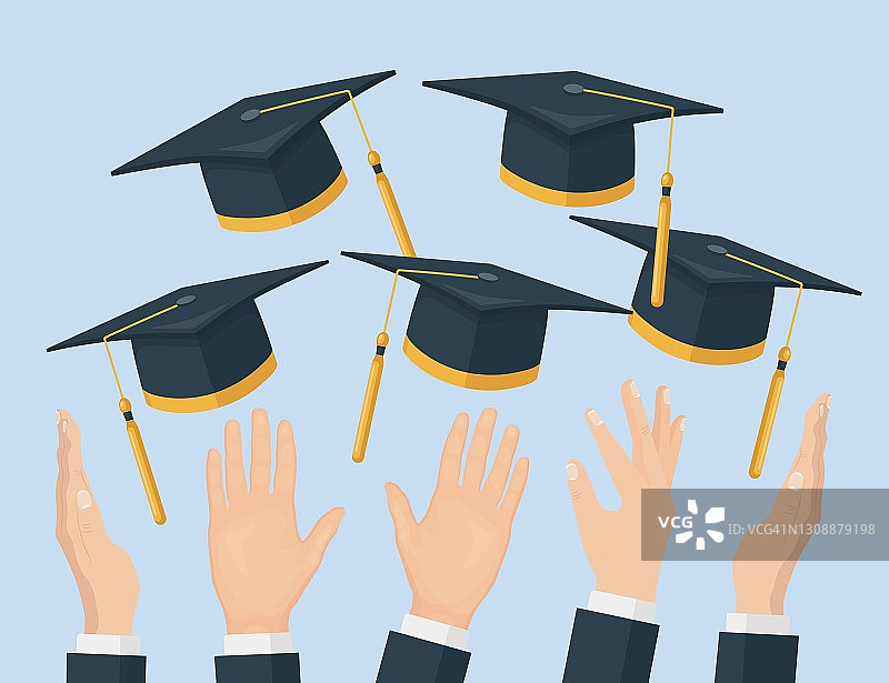 毕业生将毕业帽抛向空中，将学位帽飞向空中。矢量图图片素材