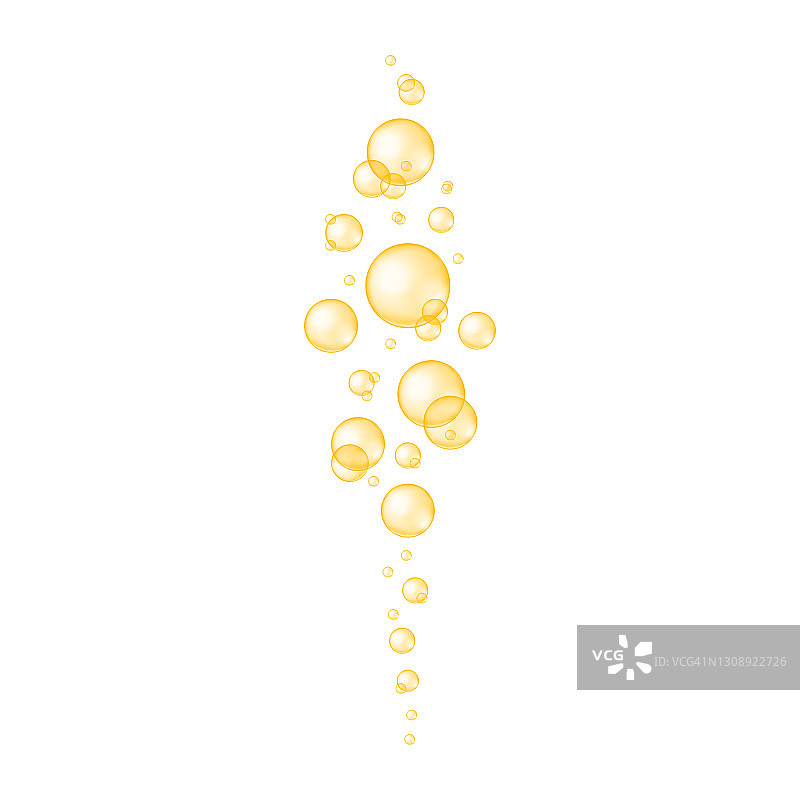 金色光泽的气泡流。胶原蛋白，血清，荷荷巴化妆油，维生素A或E，欧米茄脂肪酸球。向量现实的例子图片素材