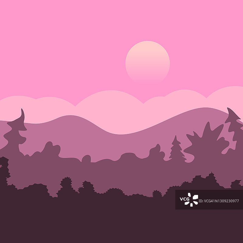 向量抽象简单的景观背景，海报在粉红色的色调。日落，日出的背景剪影的森林，树木，山和云。平面风格的孤立插图图片素材