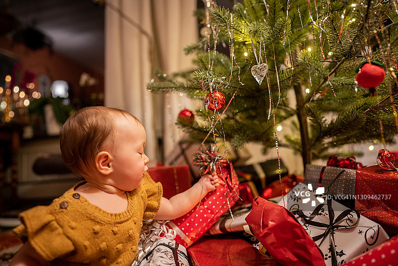 一个小女孩坐在圣诞树下图片素材