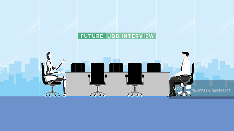 商业技术的概念和失业人员对未来工作的期望。工作面试和申请通过人工智能机制而不是人类作为面试官进行招聘。图片素材