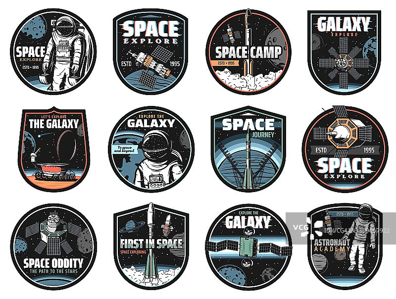 银河系，太空，宇航员和火箭矢量图标图片素材