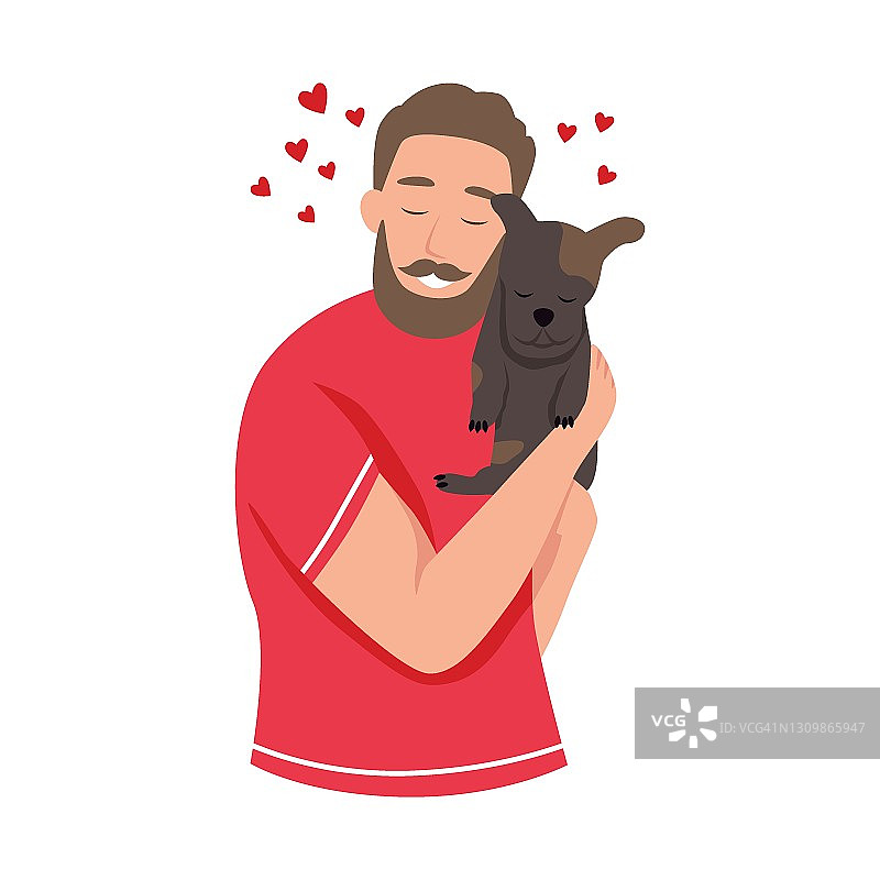 快乐的宠物主人。一个年轻人拥抱一只狗。幸福,快乐,心。可爱的平面矢量插图。图片素材