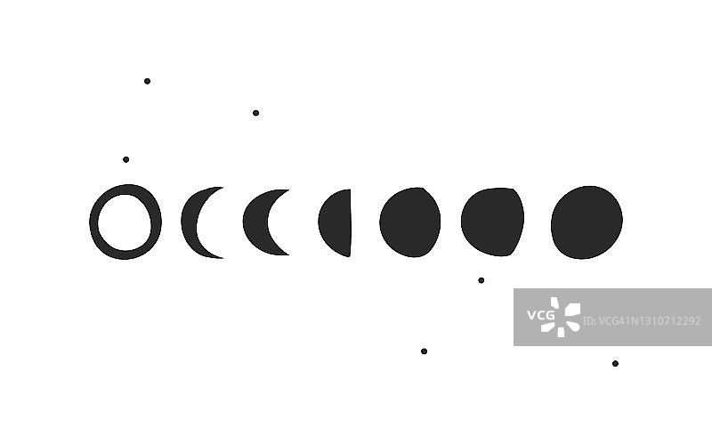 手绘矢量抽象股票平面图形插图集与标志元素的魔术天体占星月相孤立在白色背景图片素材