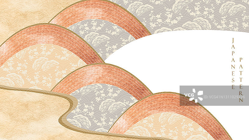 日本背景与几何图案向量。复古风格的东方艺术装饰，以波浪和曲线元素为旗帜。水彩纹理在优雅模板。图片素材