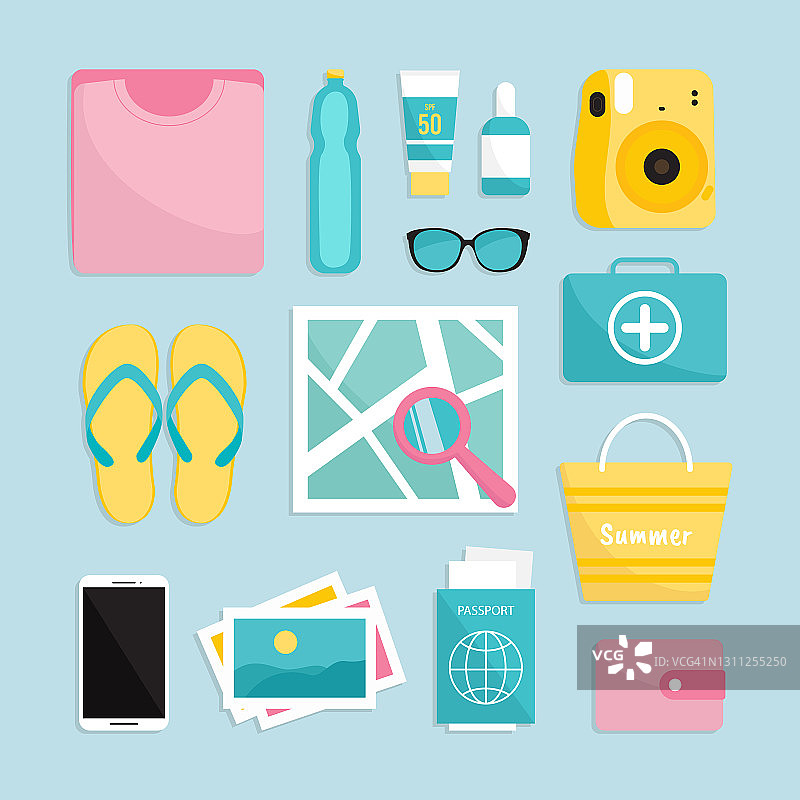 旅游的事情。夏季旅游套装:地图、护照、相机、太阳镜等。图片素材