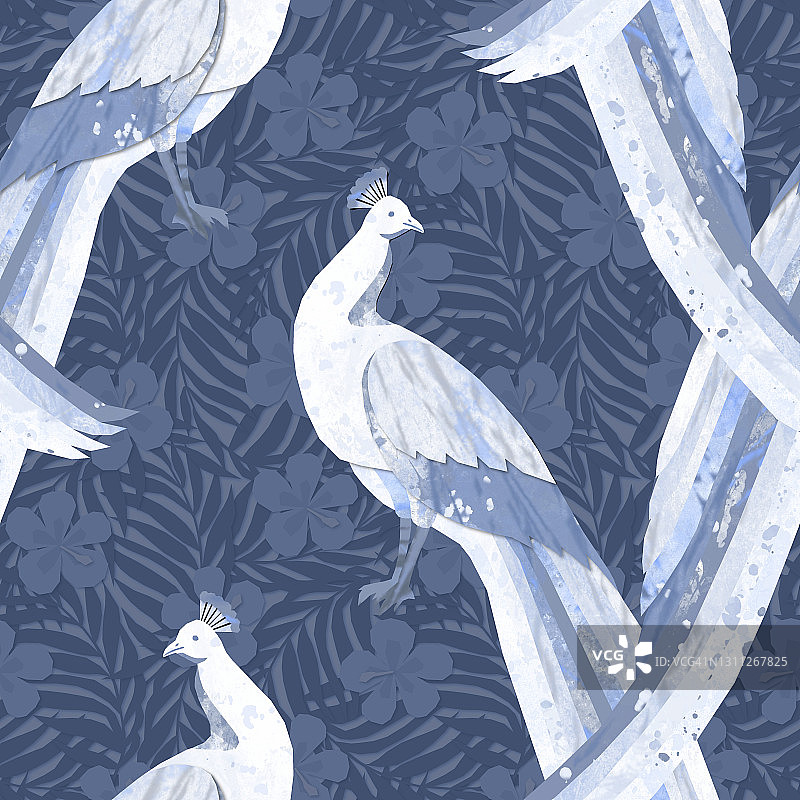 无缝插图与剪纸风格的孔雀数字纸与异国情调的鸟类在花卉背景图片素材
