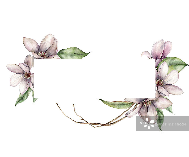 水彩画框架与木兰，树叶和干燥的树枝。手绘花的边界与花孤立在白色的背景。假日春季插图设计，印刷，织物或背景。图片素材