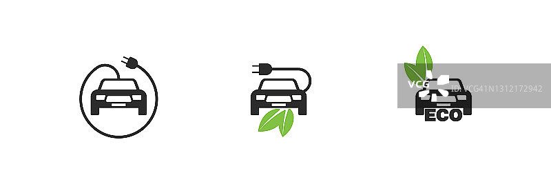 环保汽车燃料载体，生物电子运输电缆插头和叶片图标收集。图片素材