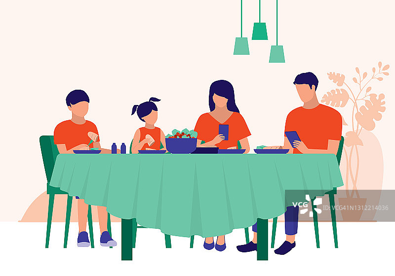 父母在和孩子吃饭时使用手机。家庭沟通不良和科技成瘾的概念。矢量插图平面卡通。图片素材