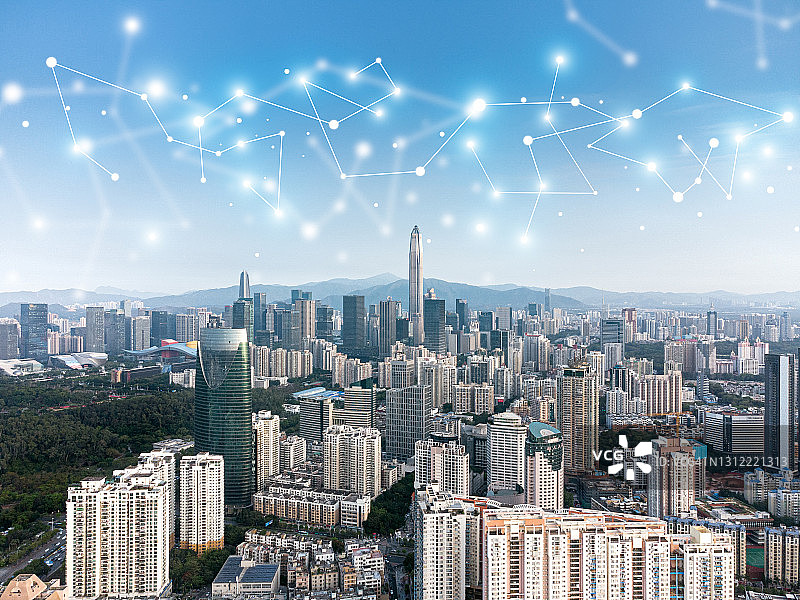 深圳天际线和5g技术大数据智慧城市概念图片素材