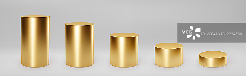 黄金3d圆柱体设置前视图和水平与透视孤立在灰色背景。圆柱支柱，金管，博物馆舞台，基座或产品讲台。三维基本几何形状矢量图片素材