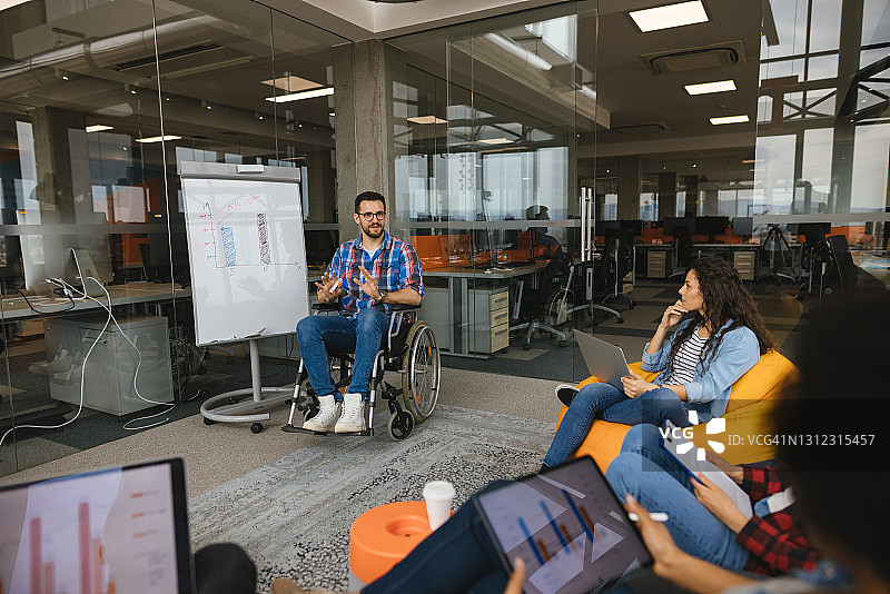 一个坐在轮椅上的程序员在一个现代化的办公室里讨论商业时刻图片素材