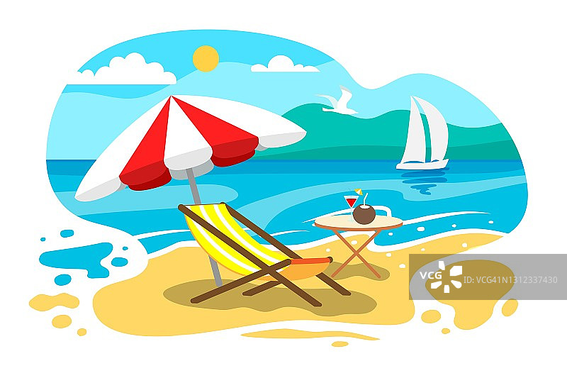 伞和太阳躺椅在海滩上海滨度假夏季假日躺椅在海滩景观美丽的海景矢量插图图片素材