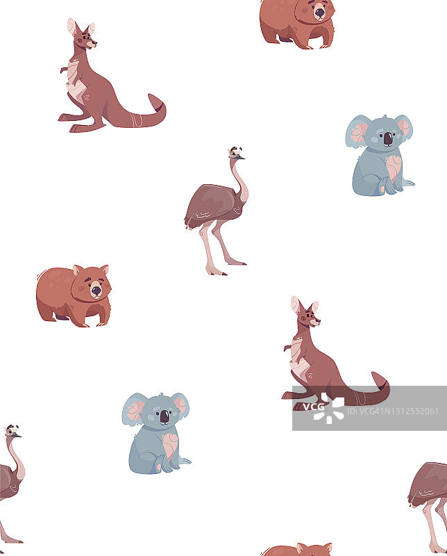无缝矢量图案与澳大利亚动物，袋鼠，袋熊，鸵鸟，考拉。有趣的动物，印刷印刷在t恤，包装，墙纸，纸，海报。孤立白色，扁平风格。图片素材