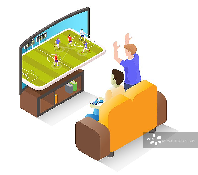 男人玩家玩足球电视游戏与控制器，等距矢量插图。在线和主机游戏。图片素材