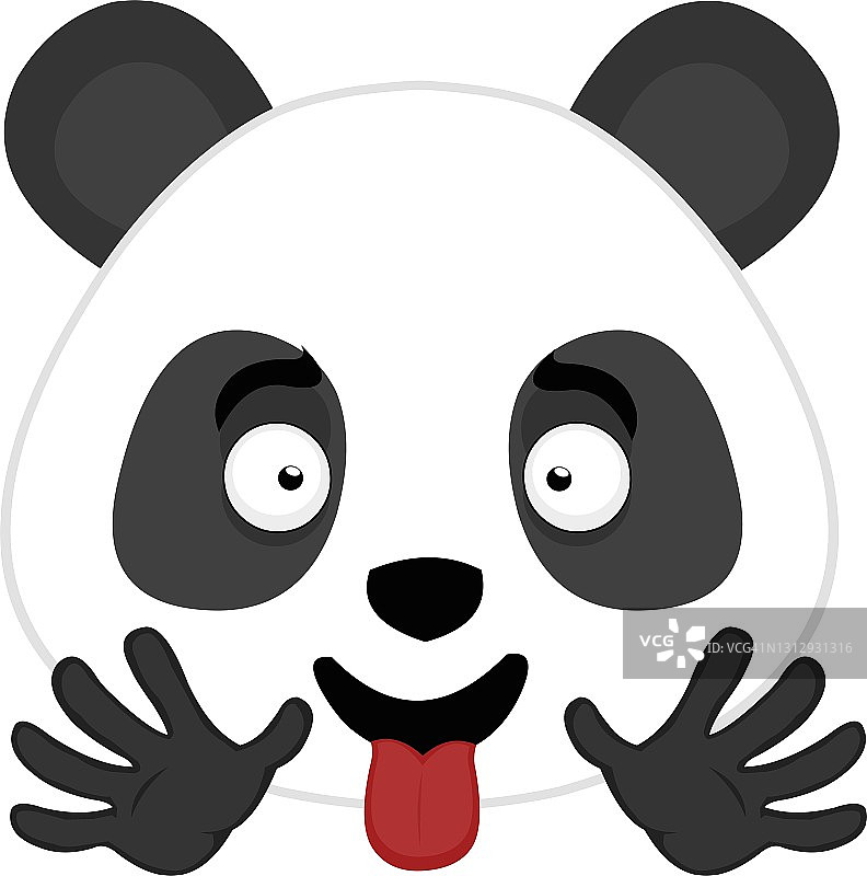 矢量emoticon插图卡通的熊猫的头与快乐的表情，举起双手和伸出舌头图片素材