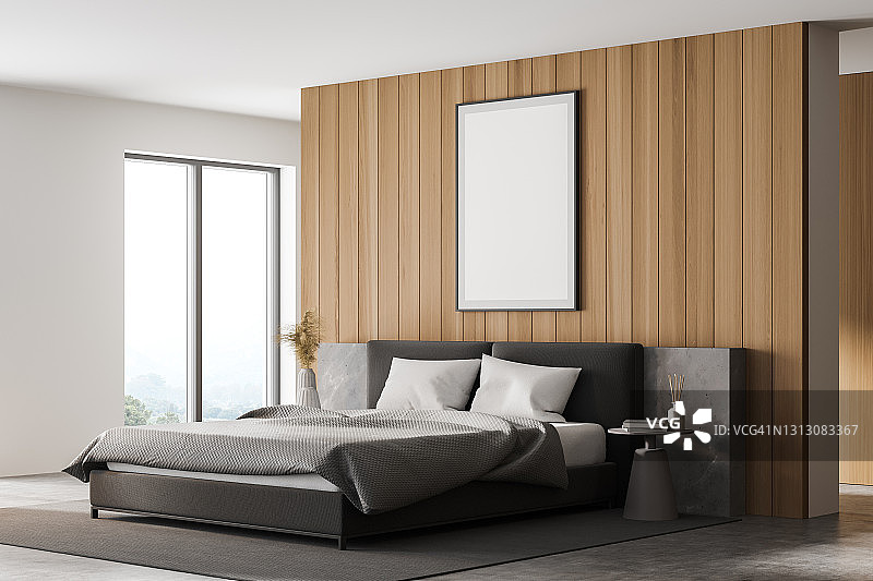 木制的卧室内部，床和床单靠近窗户，模型海报图片素材