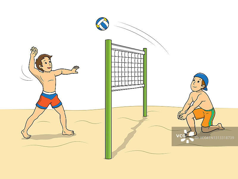 矢量插图的沙滩排球运动员玩的球孤立在白色的背景。孩子涂色页，绘画，美术，第一个单词，闪存卡。彩色卡通人物剪贴画。图片素材