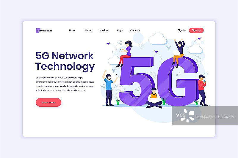 第五网络技术的登陆页面设计理念。人们用巨大的5G符号使用高速无线连接5G。矢量图图片素材