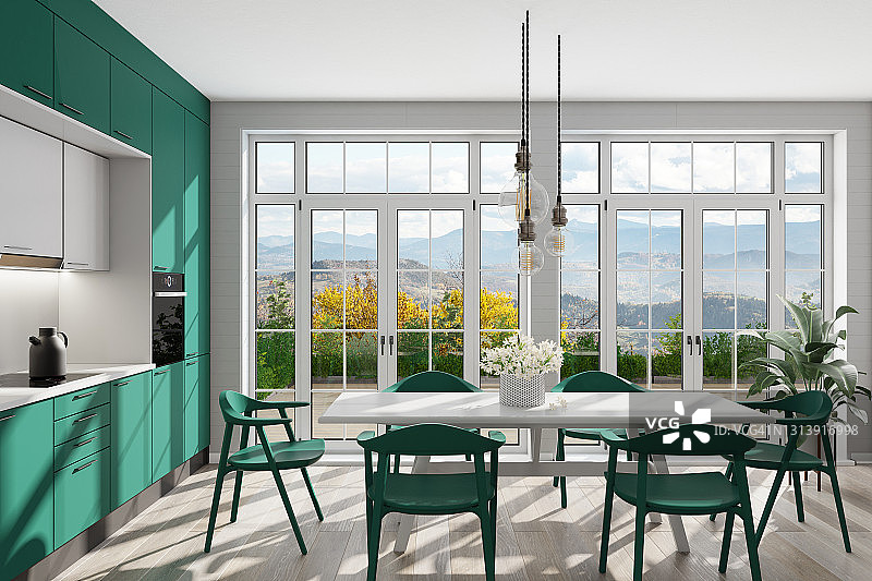 翠绿色现代斯堪的纳维亚厨房与大餐桌和椅子。大窗户。开放式厨房概念。夏天的场景。图片素材