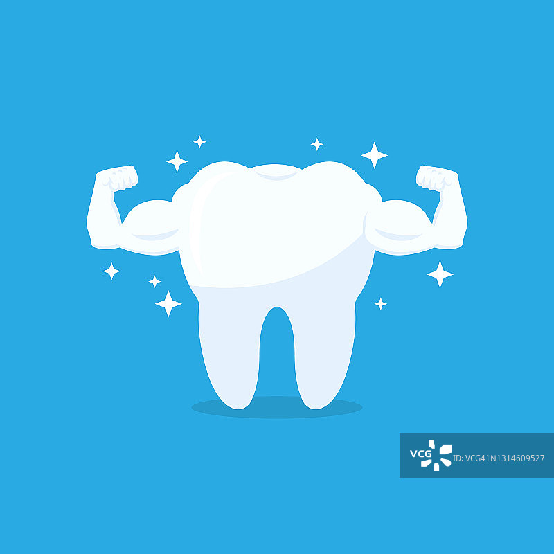 强壮肌肉健康牙齿矢量图标。白色牙齿与二头肌在蓝色背景。矢量插图EPS 10图片素材