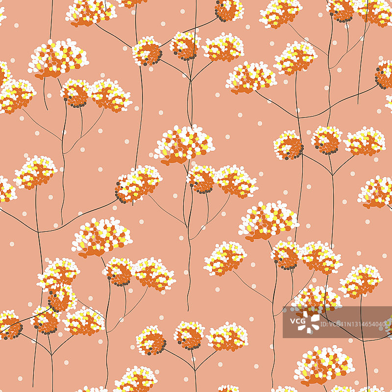 花花无缝图案。随机分散开花的植物图案。手绘的花在树枝上素描在白色波尔卡点的背景。颜色矢量插图粉红色图片素材