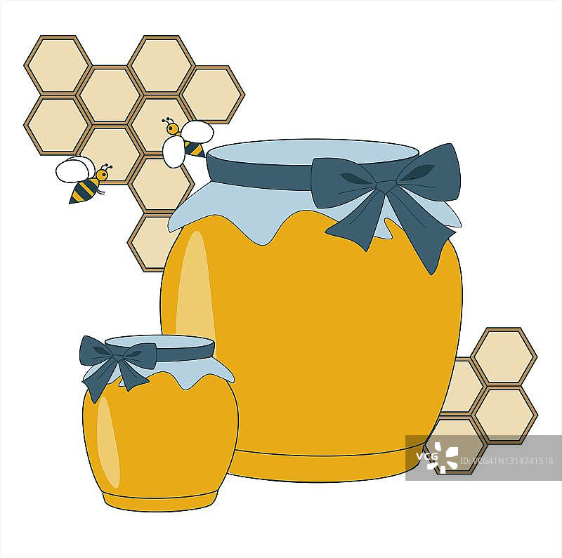 由蜂巢、蜜蜂和两罐蜂蜜组成的颜色组合图片素材